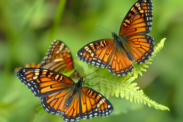Fototapeta premium Two orange butterflies are sitting on a green leaf