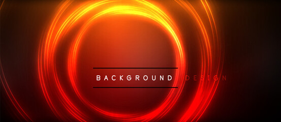 Neon glowing circle rays, light round lines in the dark, planet style neon wave lines. Energetic electric concept design for wallpaper, banner, background