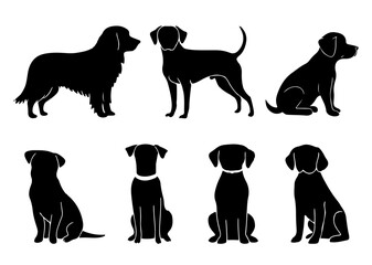 Stunning Black Silhouette Dogs Collection. Cute puppies, dogs, and pets are in different poses,  vector set illustration.