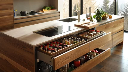 A kitchen with a pullout spice organizer © Moviebirth