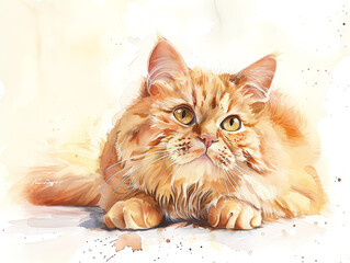 Watercolor painting of a fluffy orange cat lounging. Perfect for animal art lovers, pet enthusiasts, and home decor.