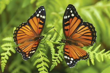 Fototapeta premium Two orange butterflies are sitting on a green leaf