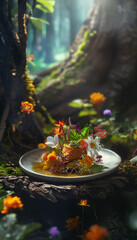 A beautifully plated dish with flowers and herbs in a serene forest setting, perfect for culinary aesthetics and nature themes.