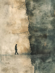 Abstract art depicting a lone figure walking between contrasting textures. Symbolizes journey, solitude, and transition. Perfect for wall decor.