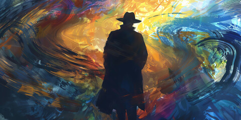 Abstract painting of a mysterious figure in silhouette with a colorful swirling background, evoking mystery and intrigue.