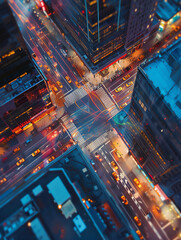 Aerial view of a busy city intersection at night with cars and buildings illuminated by vibrant street lights and traffic movement.