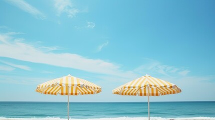 Coastal Serenity: Yellow Striped Umbrellas on a Sunny Beach