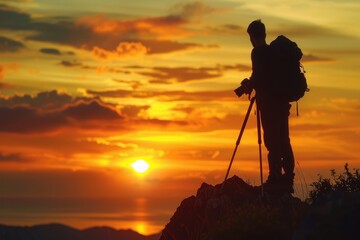 Photographer silhouette against sunset backdrop.