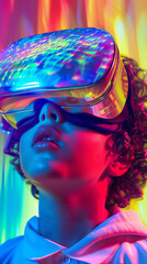Child experiencing virtual reality with colorful neon lights. Immersive technology and futuristic gaming concept.