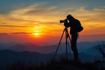Photographer silhouette against sunset background.