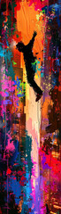 Colorful abstract digital art of a silhouetted figure jumping with vibrant splashes of color and energy in the background.