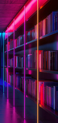 Colorful neon lights illuminate this modern library bookshelf, creating a vibrant and futuristic atmosphere.