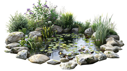 photo of a garden pond isolated on a white background