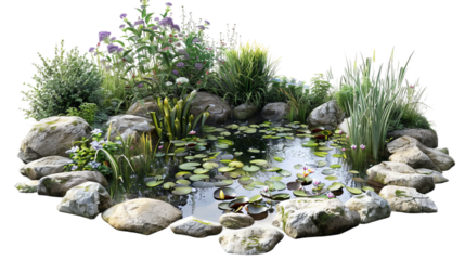 photo of a garden pond isolated on a white background