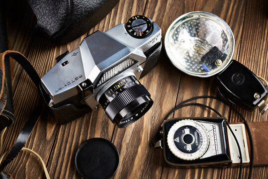 Moscow , RUSSIA - May 26, 2020: Old vintage russian soviet photo camera, flash and exposure meter