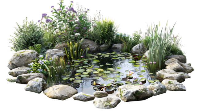 photo of a garden pond isolated on a white background