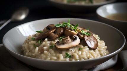 Close up view of appetizing mushroom risotto. 