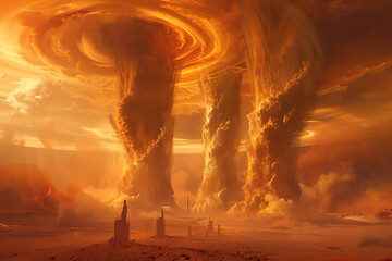 Epic vision of colossal tornadoes in a fiery desert landscape, capturing nature's raw power and apocalyptic beauty.