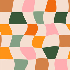 Distorted retro checkerboard seamless vector pattern in neutral, muted colors. Abstract wavy squares, plaid background in groovy, funky style.