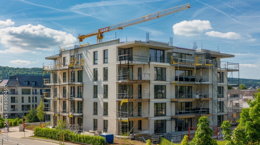 Poster A large building under construction with scaffolding and a crane