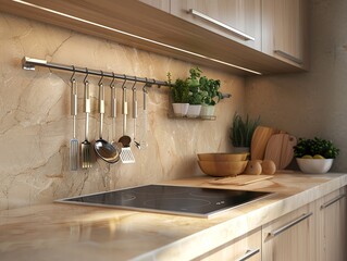 A kitchen with a wallmounted utensil holder