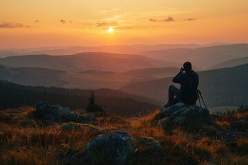 Obraz premium Sunset on Krkonose mountains with photographer silhoutte Czech Republic