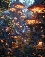 Magical treehouse village illuminated at dusk, showcasing whimsical architecture in a fairy-tale forest setting.