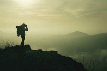 Silhouette of photographer capturing model in mountain setting.