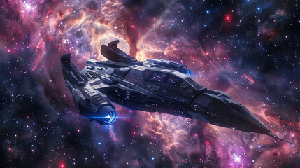 Futuristic spaceship traveling through colorful nebula, exploring the deep cosmos. Perfect for sci-fi illustrations and space adventure themes.