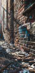 Narrow alley with weathered brick walls, covered in graffiti, and debris scattered on the ground, creating an urban decay scene.
