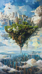 Surreal floating city with modern skyscrapers and lush greenery in a vivid sky, blending urban and natural elements in dreamlike scenery.