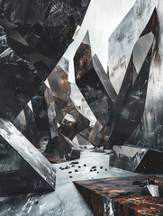 Surreal landscape featuring abstract, sharp-edged metal structures, creating a futuristic and otherworldly atmosphere.