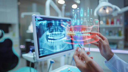 A dentist using advanced digital technology to examine dental X-rays and 3D imaging, illustrating the integration of modern technology in dental care for precision and enhanced patient outcomes.