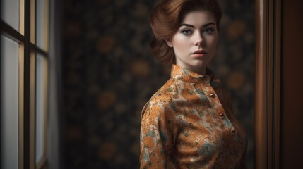 Obraz premium Portrait of young woman with hairstyle in 60s retro style.