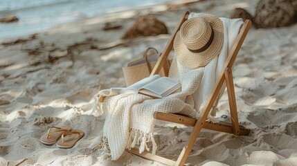 wooden chair with white blanket and book, woman's hat, minimalist garden style