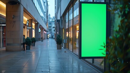 Fototapeta premium Urban alley with small shops and green screen billboard. Evening time with empty street offering a serene ambiance.