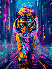 Vibrant digital art of a majestic tiger illuminated by neon lights in a futuristic cityscape, exuding power and intensity.