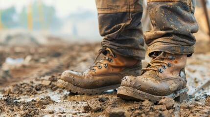 A close-up of muddy construction boots on a worker at a construction site