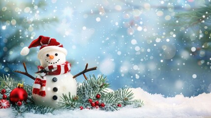 Obraz premium Festive snowman with branch on snowy backdrop Room for text