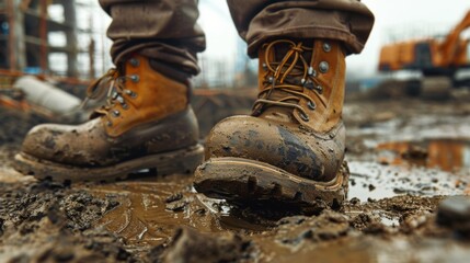 A close-up of muddy construction boots on a worker at a construction site
