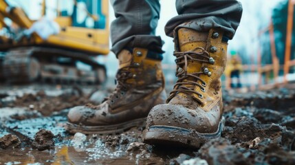 A close-up of muddy construction boots on a worker at a construction site