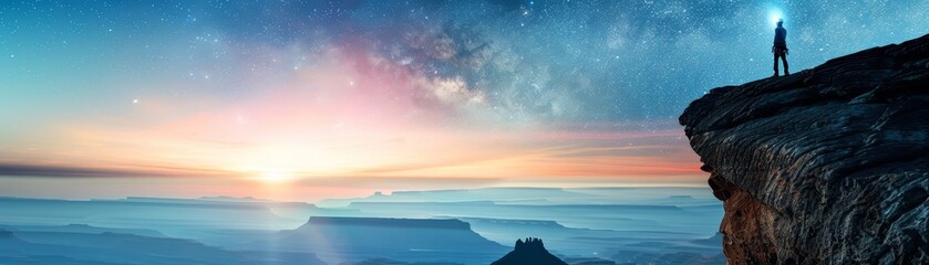 Fototapeta premium A lone figure stands on the edge of a cliff at sunrise, overlooking a breathtaking panoramic canyon and starry sky. Concept of solitude and wonder.