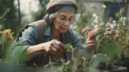 Elderly woman enjoying gardening outdoor.