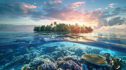 Illustration of Peaceful atoll with vibrant coral reefs and abundant marine life