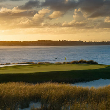 an image of a picturesque par 3 golf course featuring an island green.