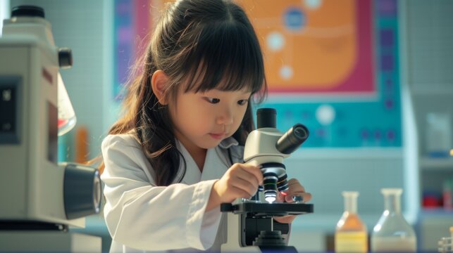 A child in a science lab coat, using a microscope and looking with curiosity and excitement