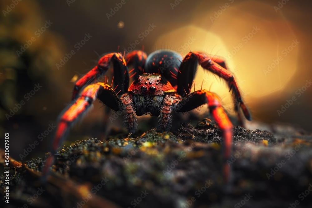 Poster close-up image of a spider sitting on a rock
