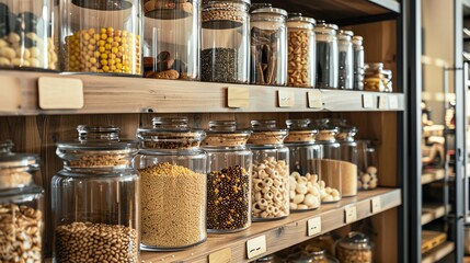 A pantry with labeled glass storage containers
