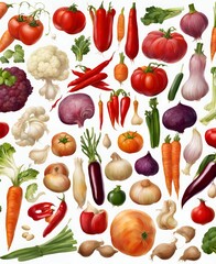 Assorted vegetables and fruits isolated on white background, including tomato, pepper, onion, cucumber, garlic, cabbage, carrot, eggplant, pumpkin, and paprika