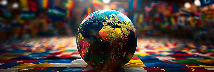 globe surrounded by flags of different countries, representing the diverse geopolitical landscape. 